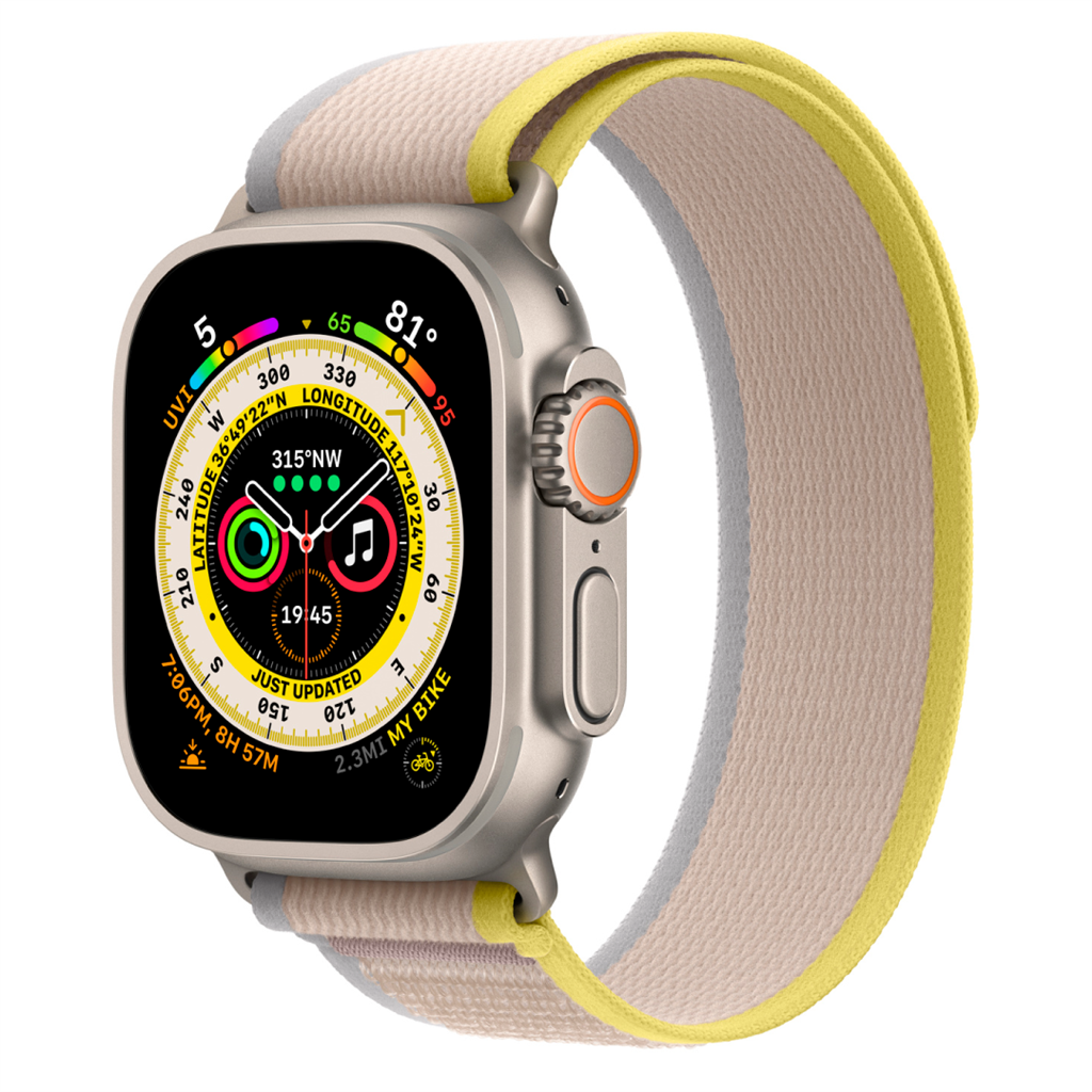 Apple Watch Ultra GPS + Cellular, 49mm Titanium Case with Yellow/Beige Trail Loop - S/M